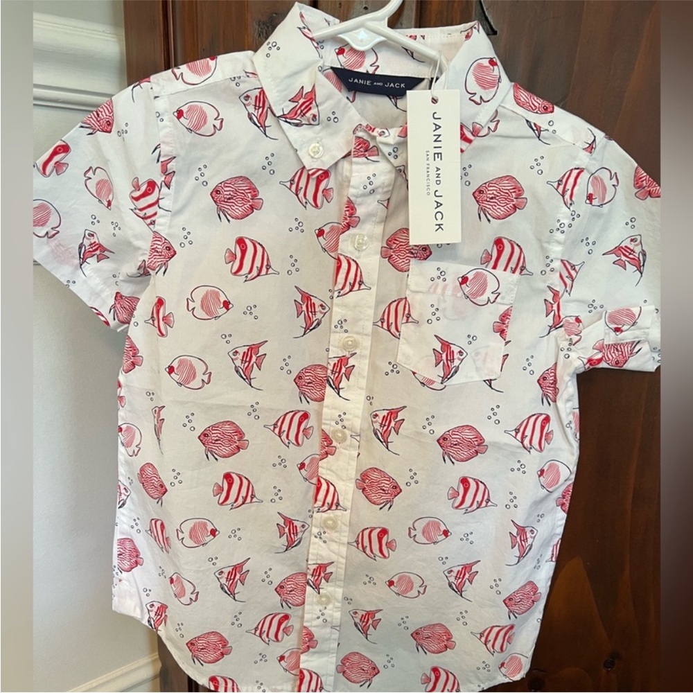 Janie and Jack Red Fish Print Button Down Shirt - Picture 3 of 4